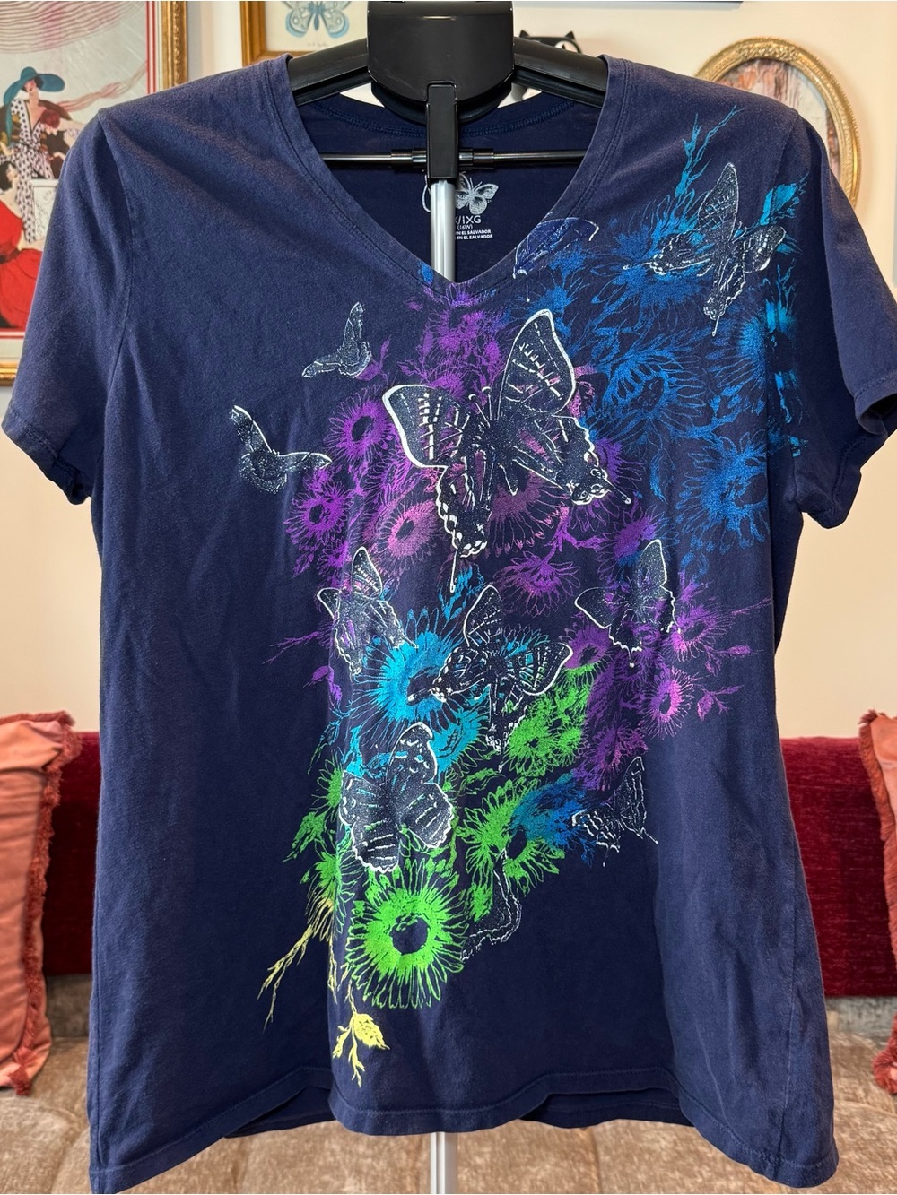 Just My Size Navy V-Neck Tee with Neon Butterfly & Floral Print